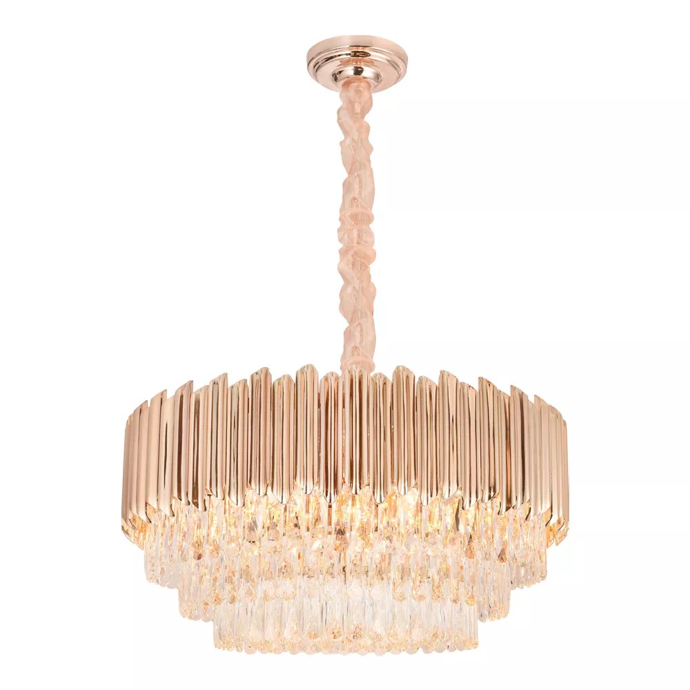 Lustre Pendente Redondo Ø78x40cm Metal e Cristal Dourado