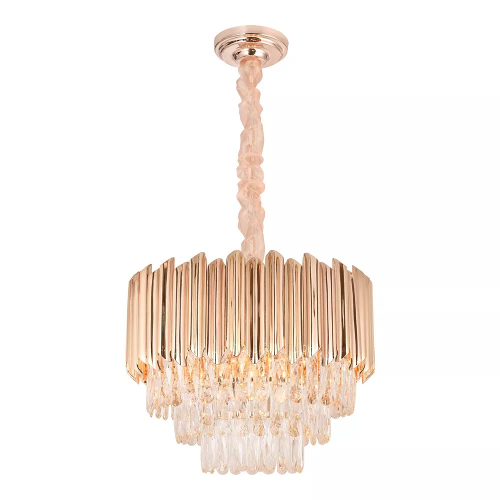 Lustre Pendente Redondo Ø62x40cm Metal e Cristal Dourado