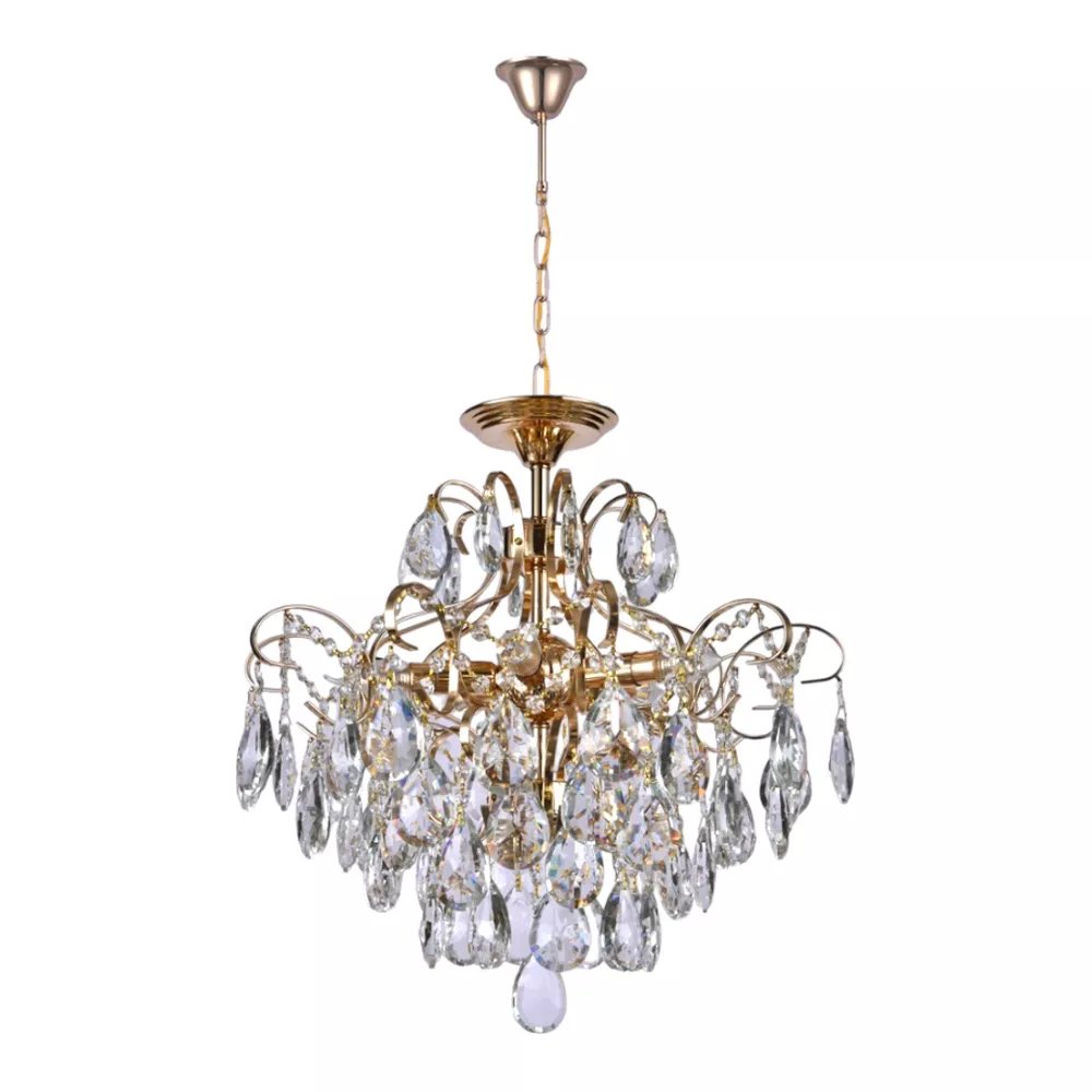Lustre Pendente Ø50x50cm Metal e Cristal Dourado