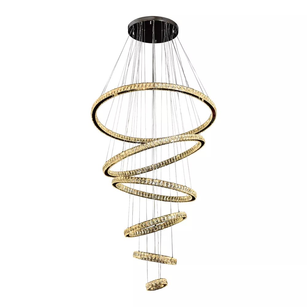 Pendente LED Redondo Séxtuplo Ø120cm Metal e Cristal Cromado