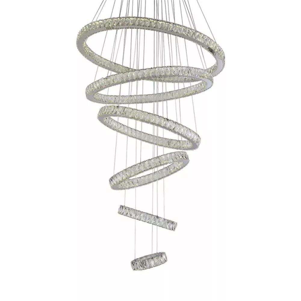 Pendente LED Redondo Quíntuplo Ø110cm Metal e Cristal Cromado