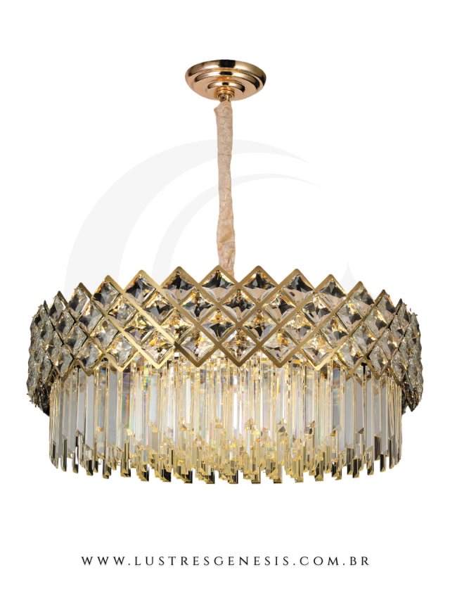 Lustre Pendente Redondo Ø75x30cm Metal e Cristal Dourado e Transparente