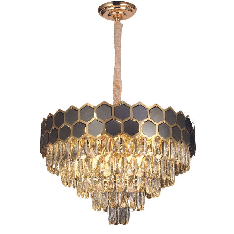 Lustre Pendente Redondo Ø58x37cm Metal e Cristal Dourado e Preto e Transparente