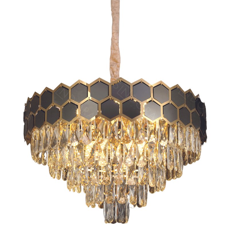 Lustre Pendente Redondo Ø77x40cm Metal e Cristal Dourado e Preto e Transparente