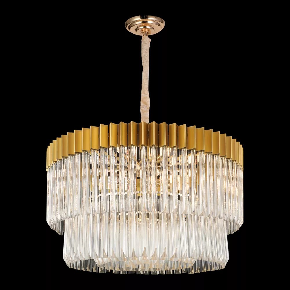 Lustre Pendente Redondo Ø80x45cm Metal e Cristal Dourado e Transparente