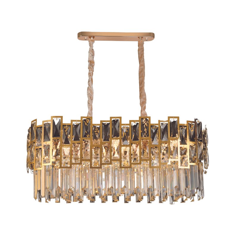 Lustre Pendente Retangular 32x77x30cm Inox e Cristal Dourado e Transparente