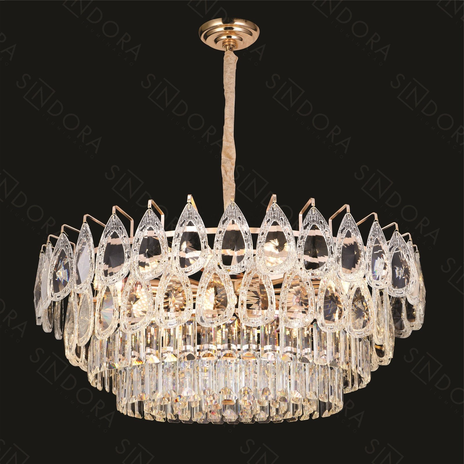 Lustre Pendente (A) 30cm x (D) 75cm Metal e Cristal Dourado e Transparente