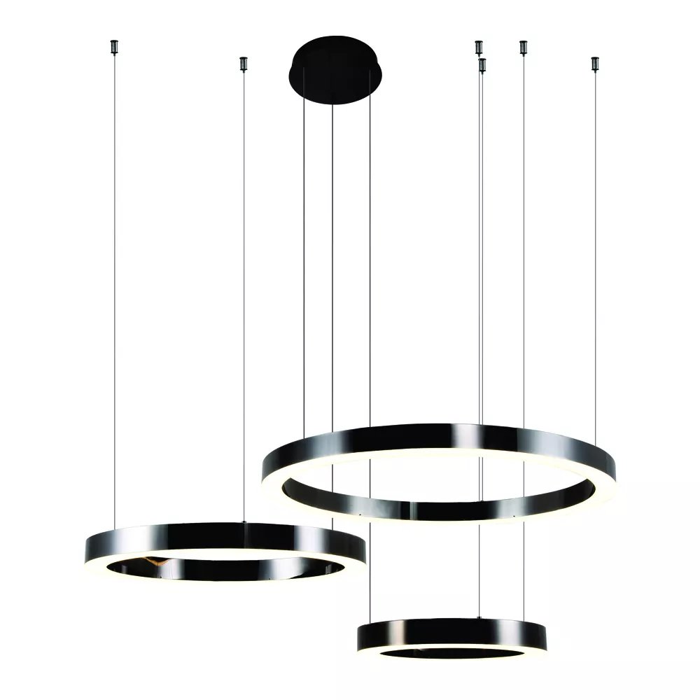 Conjunto de Pendentes LED Redondo Triplo Ø80cm Inox e Acrílico Preto