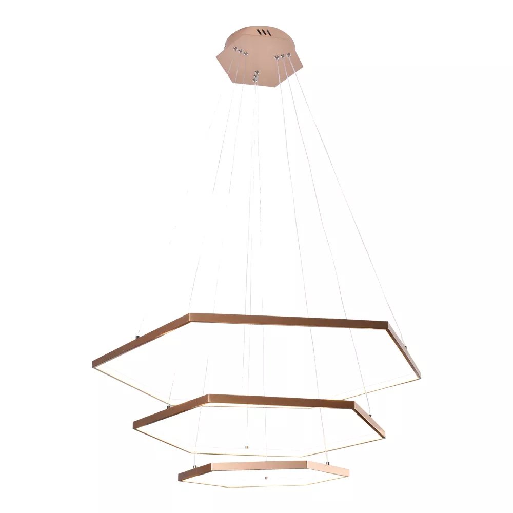 Pendente LED Sextavado Triplo 80x80cm Alumínio e Silicone Rosê Cobre