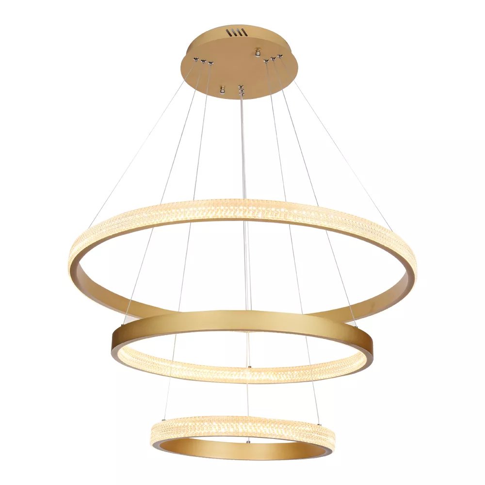 Pendente LED Redondo Triplo Ø80cm Alumínio e Acrílico Dourado e Fosco