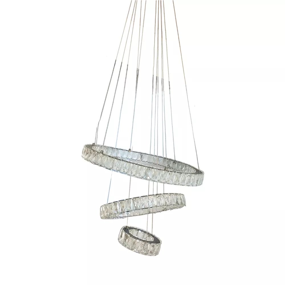 Pendente LED Redondo Triplo Ø60cm Metal e Cristal Cromado