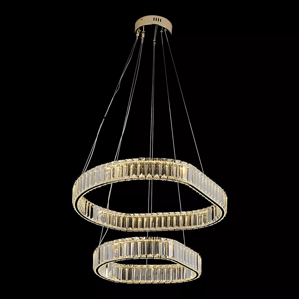 Pendente LED Duplo Ø60cm Metal e Cristal Dourado
