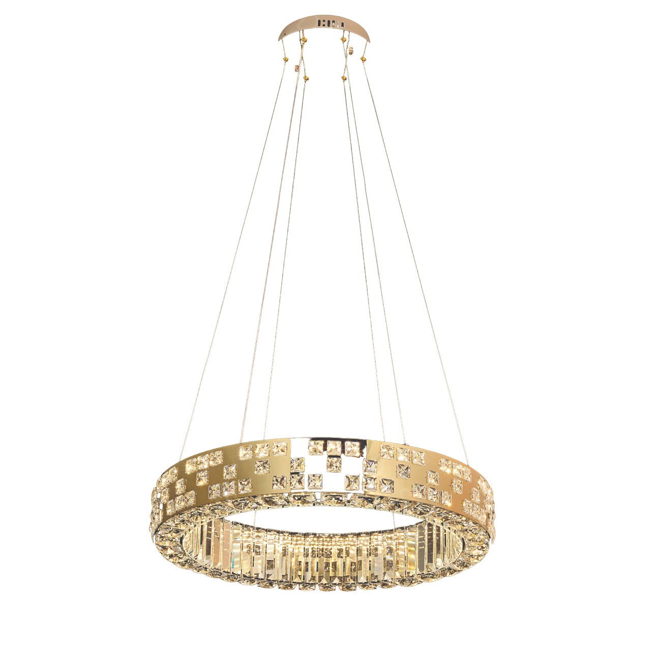 Pendente LED Redondo Ø60cm Inox e Cristal Dourado e Transparente