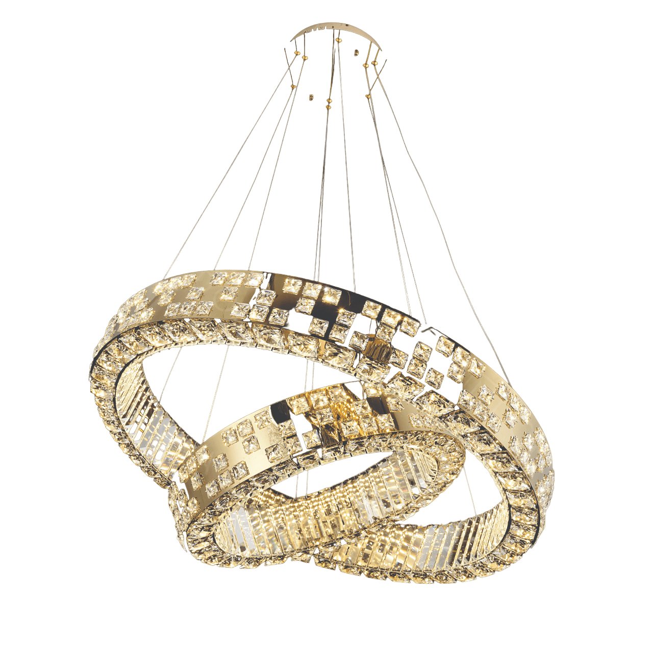 Pendente LED Redondo Ø80cm Inox e Cristal Dourado e Transparente