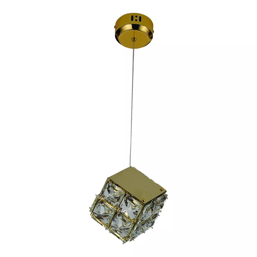 Pendente LED Quadrado 11x11cm Inox e Cristal Dourado