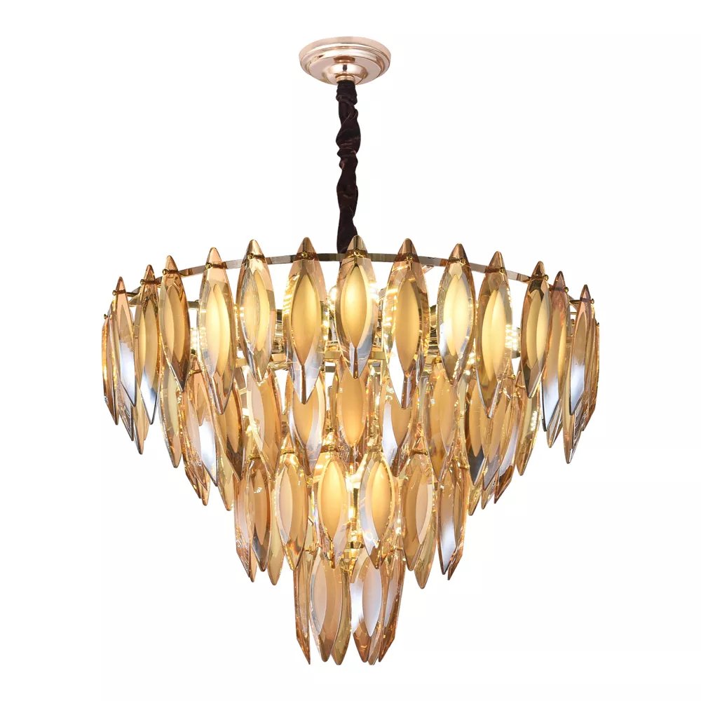 Lustre Pendente Redondo Ø60x43cm Metal e Cristal Dourado e Champanhe