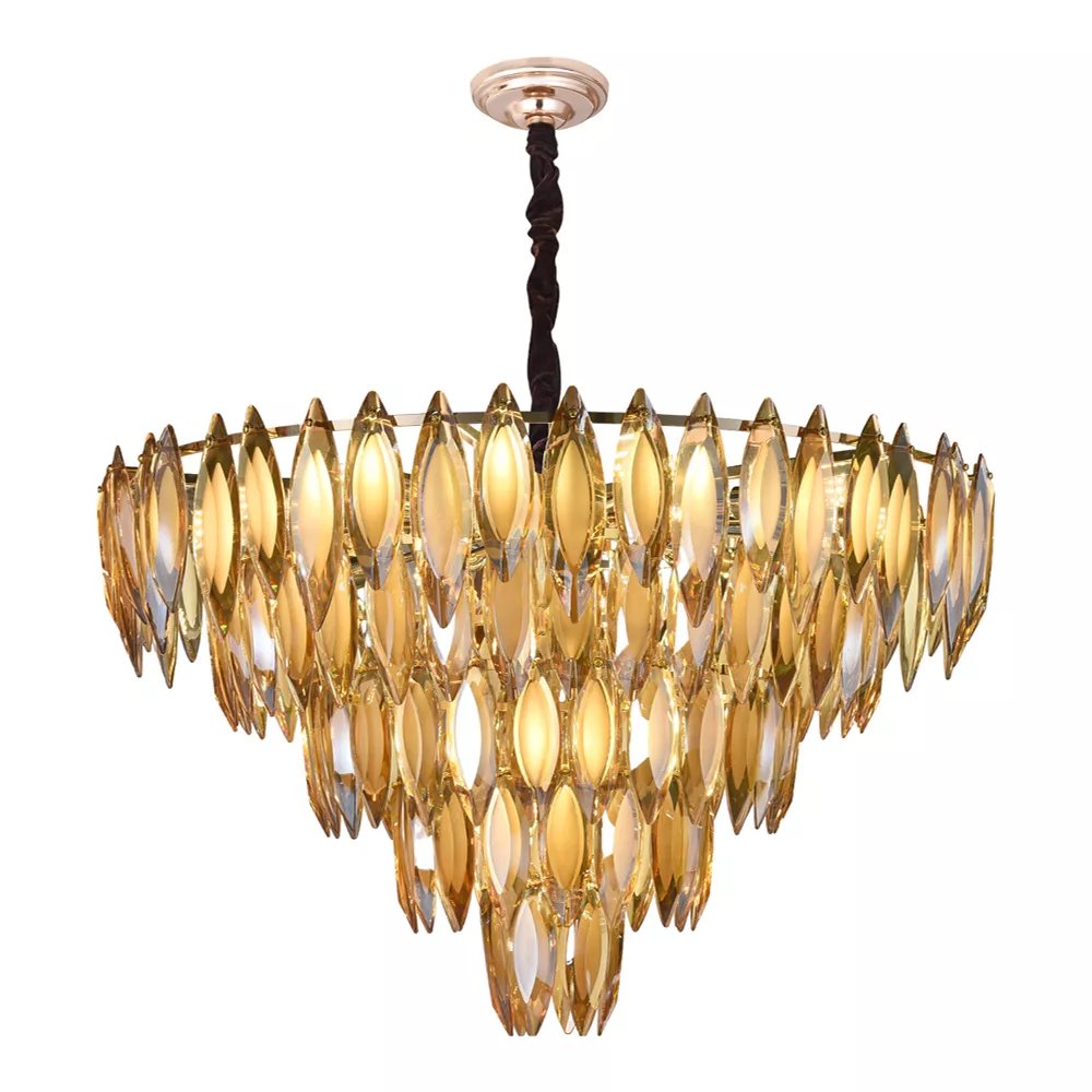 Lustre Pendente Redondo Ø80x50cm Metal e Cristal Dourado e Champanhe