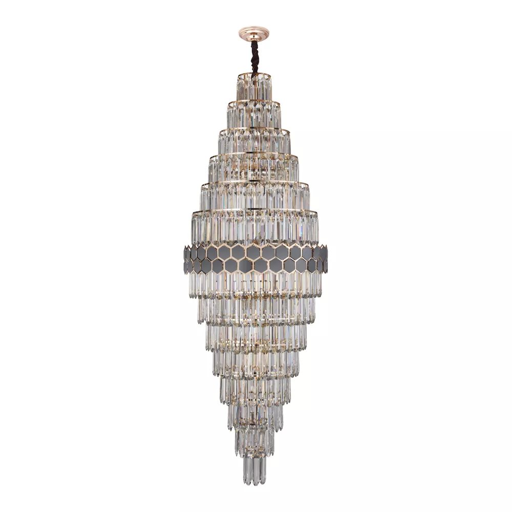 Lustre Pendente 165xØ60cm Metal e Cristal Dourado, Preto e Transparente
