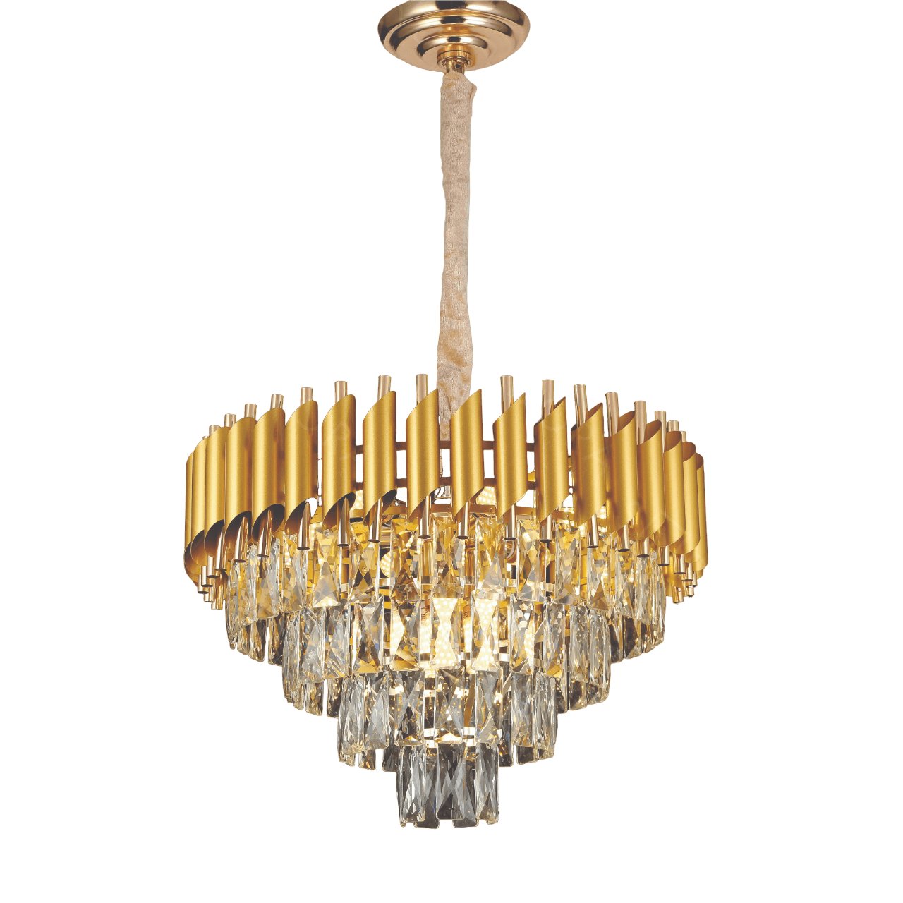 Lustre Pendente Redondo Ø55x34cm Metal e Cristal Dourado e Transparente