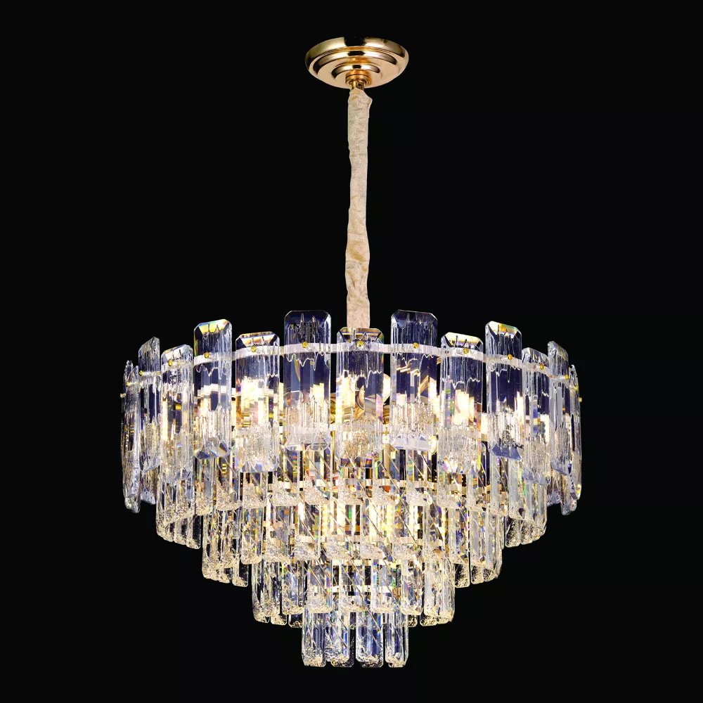 Lustre Pendente Redondo Ø55x36cm Metal e Cristal Dourado e Transparente