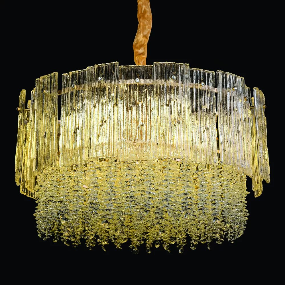 Lustre Pendente Redondo Ø55x32cm Metal e Cristal Dourado