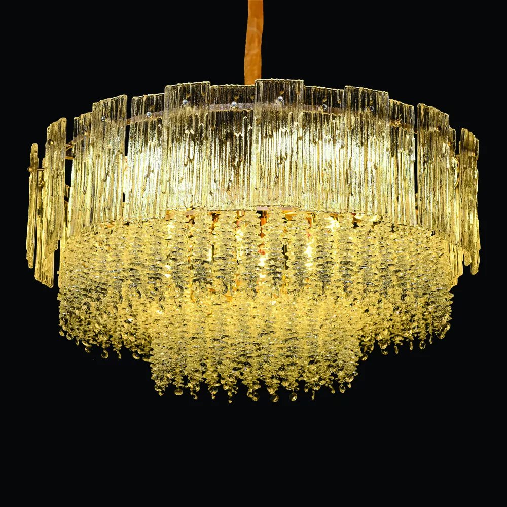 Lustre Pendente Redondo Ø75x34cm Metal e Cristal Dourado