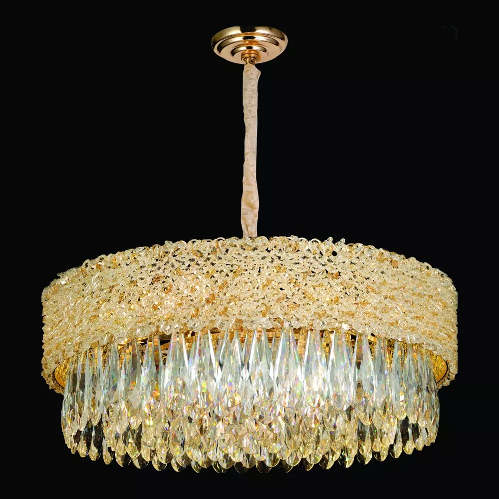 Lustre Pendente Redondo 25xØ55cm Metal e Cristal Dourado
