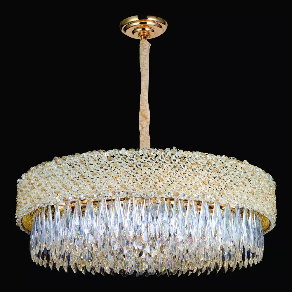 Lustre Pendente Redondo 25xØ75cm Metal e Cristal Dourado