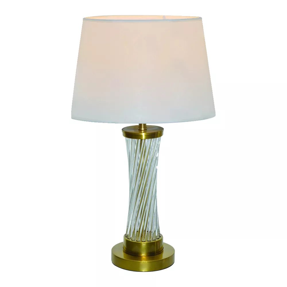 Abajur 62xØ32cm Metal, Cristal e Linho Bronze, Transparente e Branco