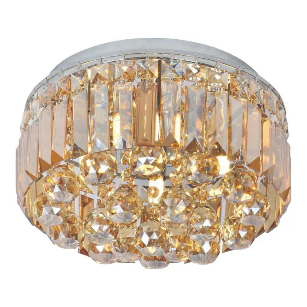 Plafon de Sobrepor Redondo Ø30x20cm Inox e Cristal Dourado e Âmbar