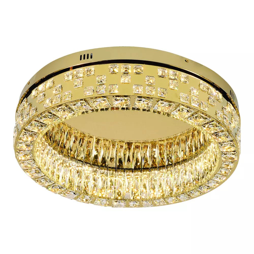 Plafon de Sobrepor LED Redondo Ø60cm Inox e Cristal Dourado e Transparente