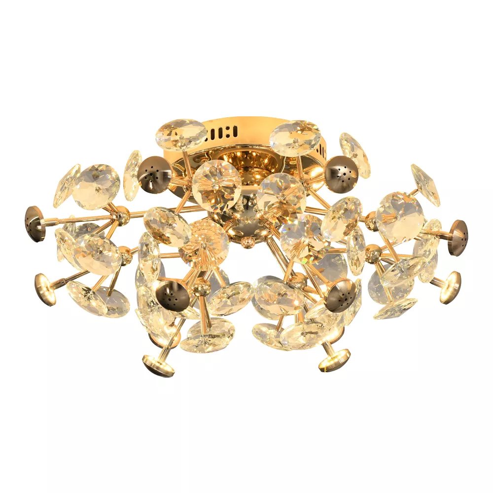 Plafon de Sobrepor Ø62x30cm Metal e Cristal Dourado
