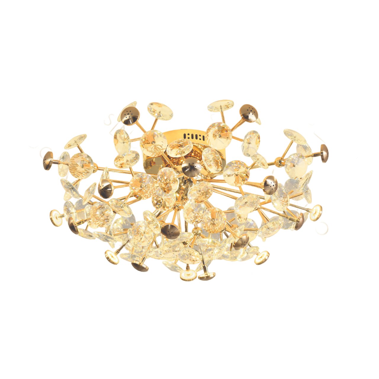 Plafon de Sobrepor Ø72x35cm Metal e Cristal Dourado e Transparente