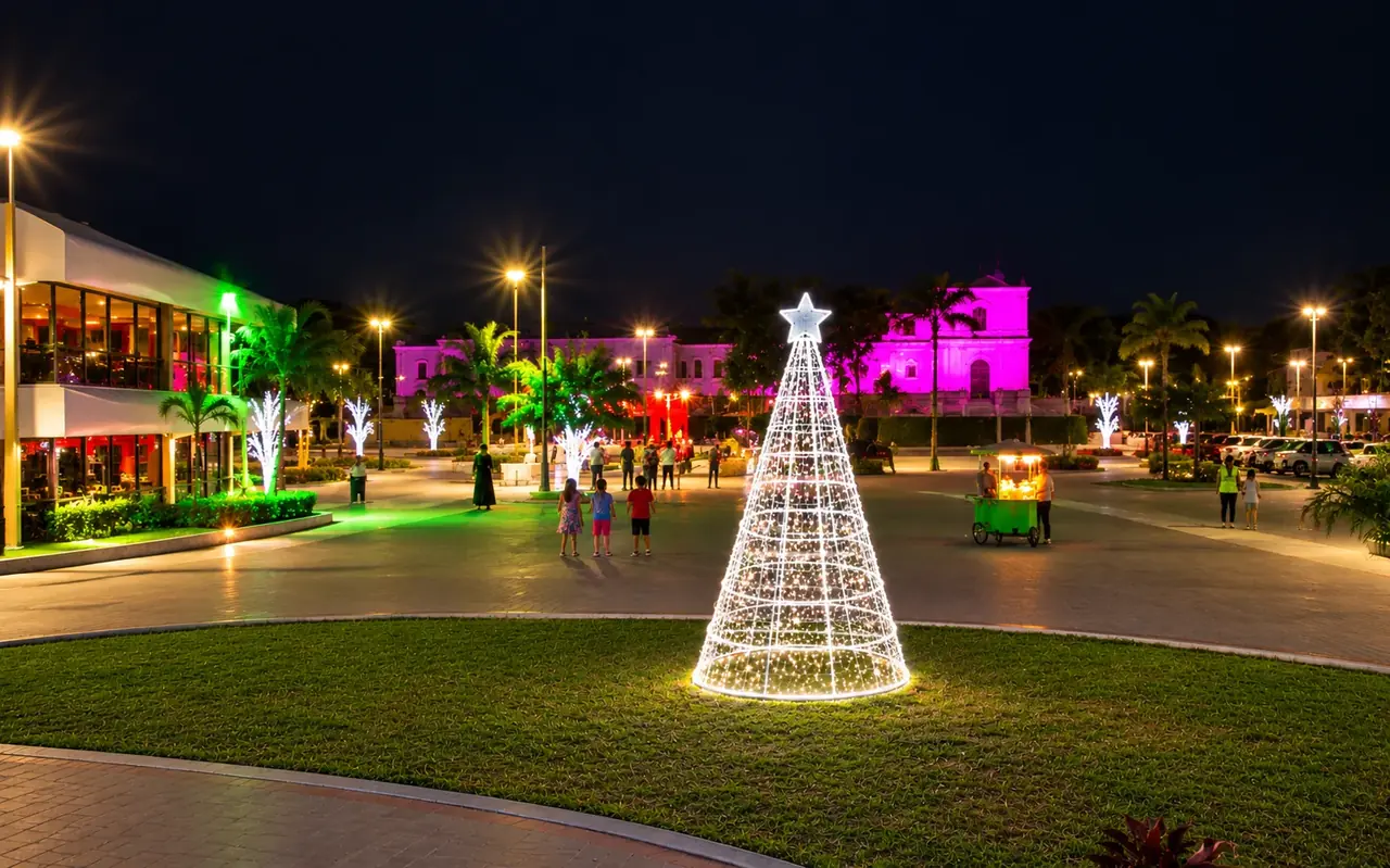 Praça central: árvore cone, palmeiras e fachadas iluminadas