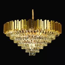 Lustre Pendente Redondo Ø92x48cm Metal e Cristal Dourado e Transparente