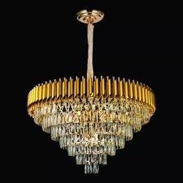 Lustre Pendente Redondo Ø95x48cm Metal e Cristal Dourado e Transparente