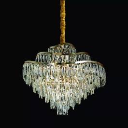 Lustre Pendente Redondo Ø80cm Metal e Cristal Dourado e Transparente