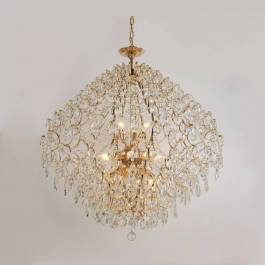 Lustre Pendente Ø80cm Metal e Cristal Dourado e Transparente