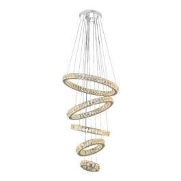 Pendente LED Redondo Quíntuplo 3000K 75W Bivolt Ø60cm Metal e Cristal Cromado