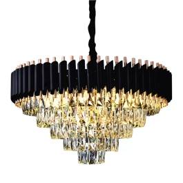 Lustre Pendente Redondo Ø75x44cm Metal e Cristal Preto e Transparente