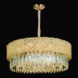 Lustre Pendente Redondo 25xØ55cm Metal e Cristal Dourado