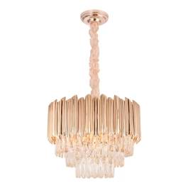 Lustre Pendente Redondo Ø62x40cm Metal e Cristal Dourado