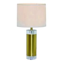Abajur 67xØ38cm Metal, Cristal e Linho Dourado, Transparente e Branco