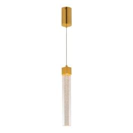 Pendente LED Cilíndrico 3000K 5W Bivolt Ø3,5x50cm Metal e Cristal Dourado