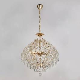 Lustre Pendente Ø55cm Metal e Cristal Dourado e Transparente
