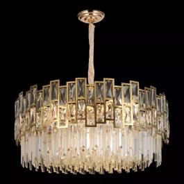 Lustre Pendente Redondo Ø80x32cm Inox e Cristal Dourado e Transparente