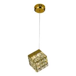 Pendente LED Quadrado 3000K 12W Bivolt 15x15cm Inox e Cristal Dourado