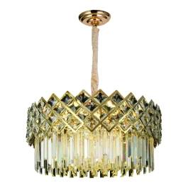 Lustre Pendente Redondo Ø58x29cm Metal e Cristal Dourado e Transparente