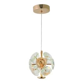 Pendente LED Redondo 3000K 5W Bivolt Ø15cm Metal e Cristal Dourado e Transparente