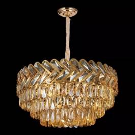 Lustre Pendente Redondo Ø60x30cm Inox e Cristal Dourado e Âmbar